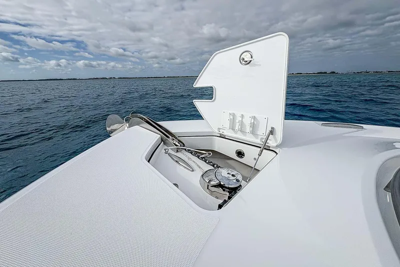  Yacht Photos Pics Manufacturer Provided Image: Bow of 2026 HCB 48 Campeon yacht with anchor compartment open.
