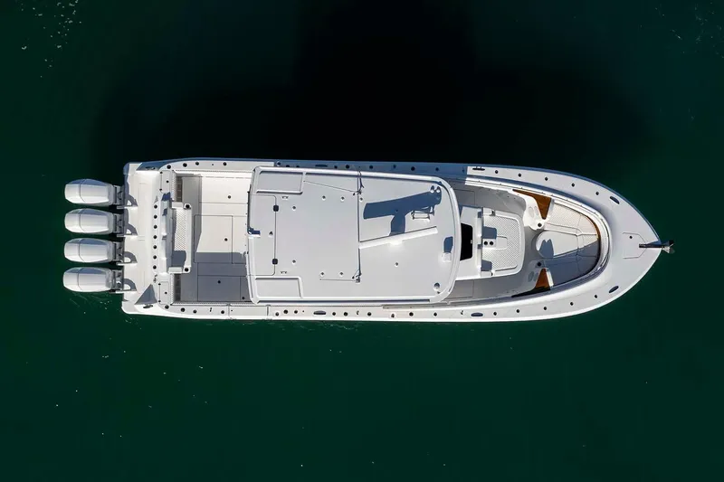  Yacht Photos Pics Manufacturer Provided Image: Aerial view of 2026 HCB 48 Campeon boat with four engines on calm water.