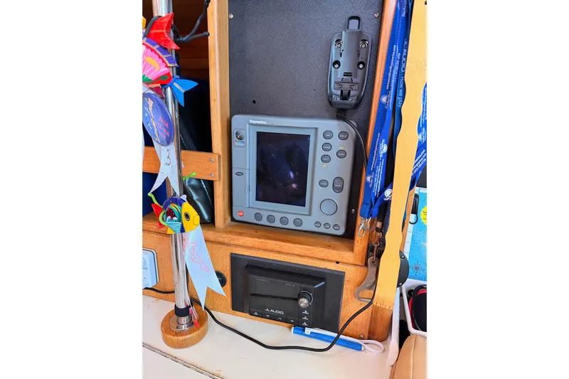 Seaduction Yacht Photos Pics Navigation equipment on a 2005 Catalina 42 MkII sailboat, featuring a Raymarine display.
