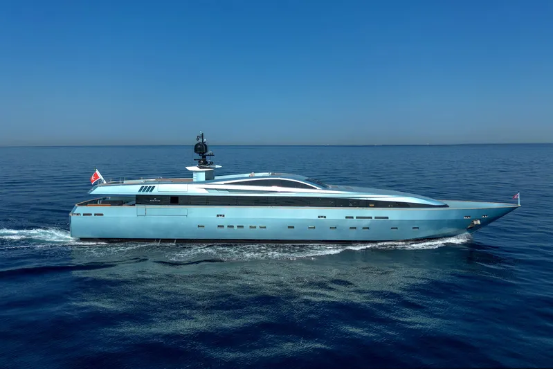 Queen Blue Yacht Photos Pics Luxury 2007 Baglietto 44 Fast yacht cruising on open sea.