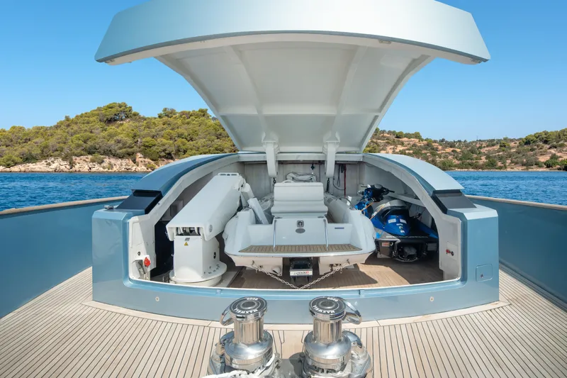 Queen Blue Yacht Photos Pics Open deck of 2007 Baglietto 44 Fast yacht with watercraft storage.