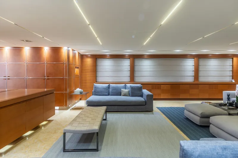 Queen Blue Yacht Photos Pics Luxurious interior of 2007 Baglietto 44 Fast yacht with modern furnishings and ambient lighting.