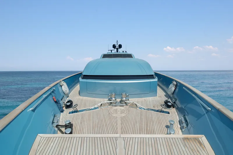 Queen Blue Yacht Photos Pics Front view of 2007 Baglietto 44 Fast yacht on calm sea under clear sky.