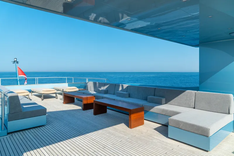 Queen Blue Yacht Photos Pics Luxurious deck of 2007 Baglietto 44 Fast yacht with ocean view and modern seating.