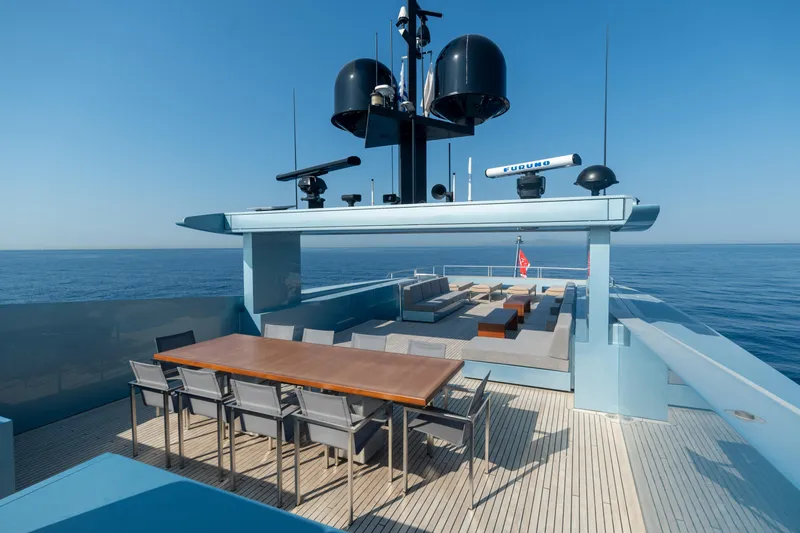 Queen Blue Yacht Photos Pics Luxurious 2007 Baglietto 44 Fast yacht deck with dining area and ocean view.