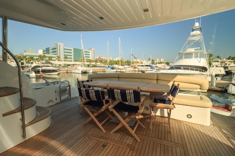  Yacht Photos Pics Luxurious 2009 Sunseeker Manhattan 70 yacht with elegant deck seating in a marina,&nbsp;for sale in Mexico by Servicios Nauticos and Gaston Troche