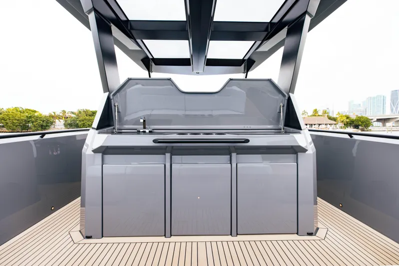  Yacht Photos Pics 2022 Vanquish Yachts VQ40 luxury yacht deck with modern outdoor kitchen.