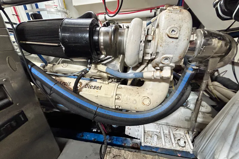 Nother Venture Yacht Photos Pics Engine room of 1989 Hatteras 78 CPMY yacht with Detroit Diesel engine.