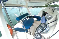 Cockpit of 2009 Leopard 40 catamaran with blue seating and nautical equipment.