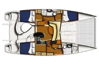 Floor plan of a 2009 Leopard 40 catamaran, featuring cabins, bathrooms, and a central living area.