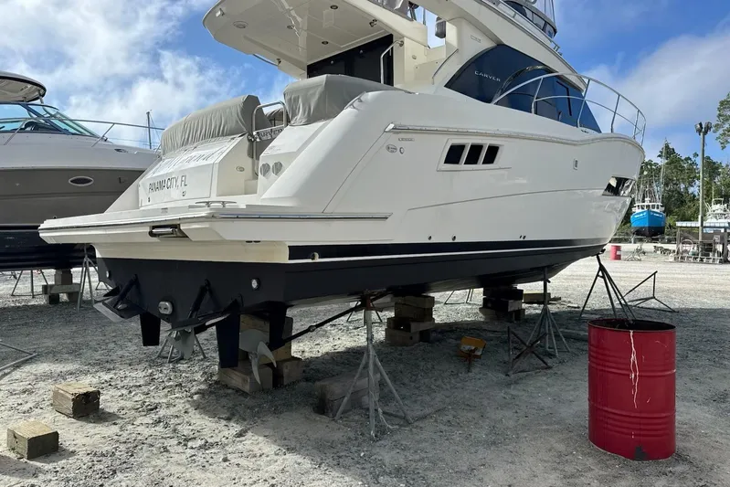 Mjm Grand Yacht Photos Pics 2020 Carver 36 Command Bridge yacht on stands in a boatyard, Panama City, FL.