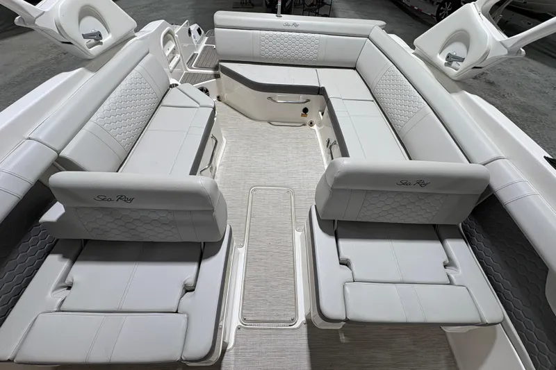  Yacht Photos Pics 2022 Sea Ray SDX 270 Outboard boat interior with luxurious seating and modern design.