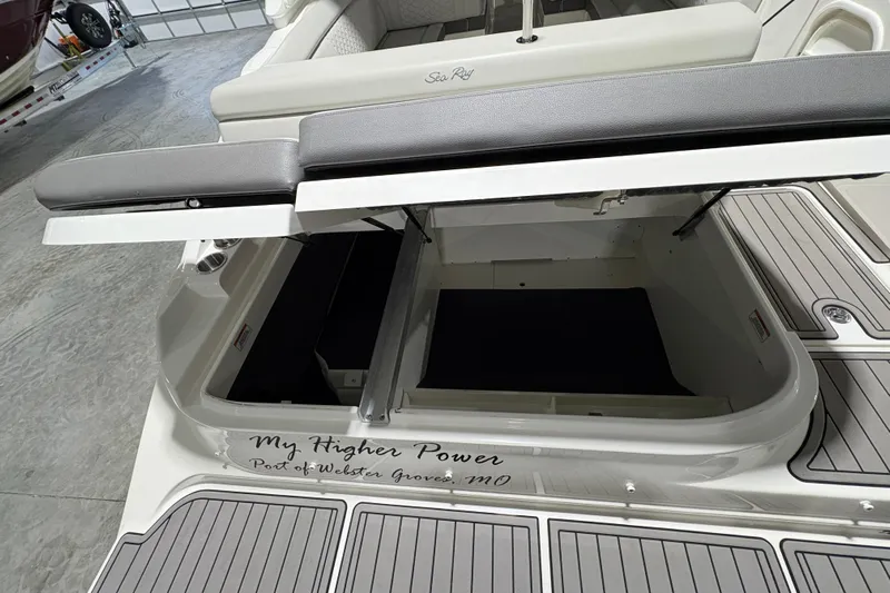  Yacht Photos Pics 2022 Sea Ray SDX 270 Outboard boat with open storage compartment and custom name.