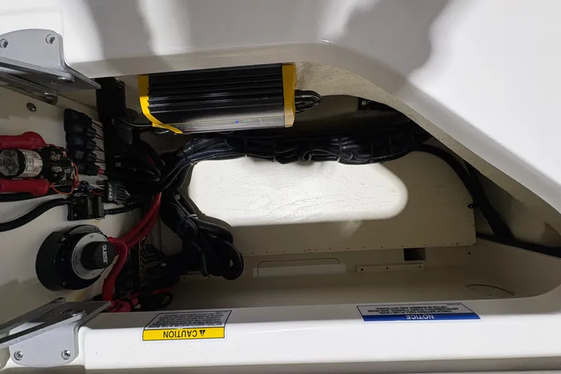  Yacht Photos Pics 2022 Sea Ray SDX 270 Outboard electrical compartment with wiring and components.