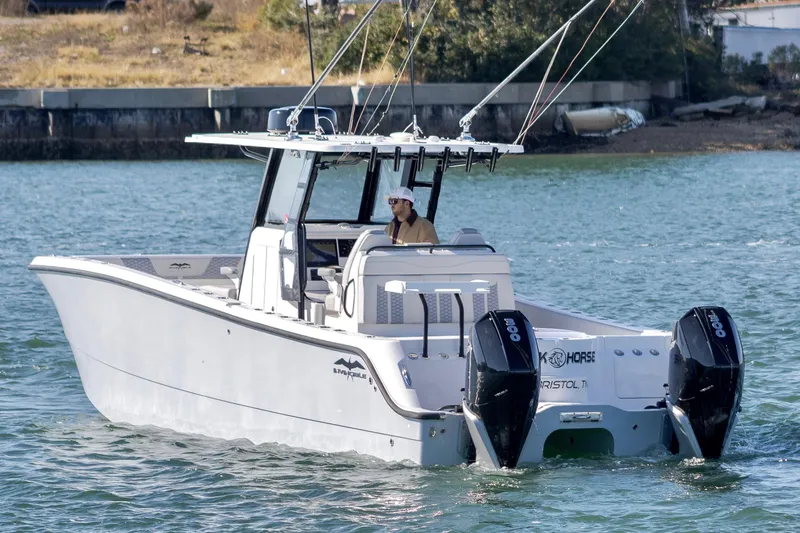  Yacht Photos Pics 2022 Invincible 33 Catamaran on water, dual outboard motors, sleek design.