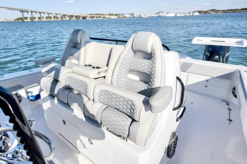  Yacht Photos Pics Luxurious seating on 2022 Invincible 33 Catamaran with ocean view.