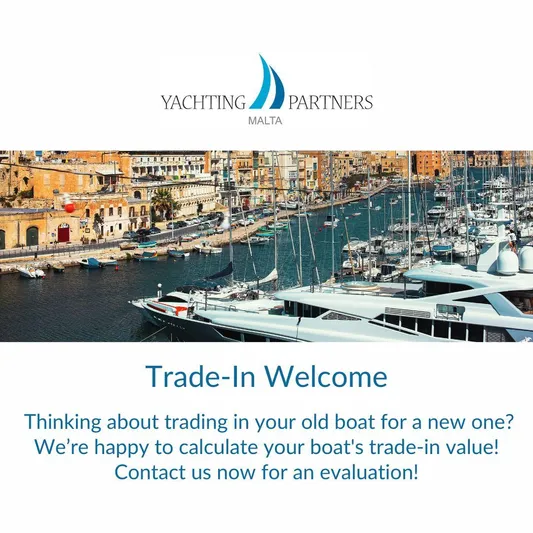  Yacht Photos Pics Yachts docked in Malta harbor, promoting Absolute 47 Fly 2026 trade-in opportunities.