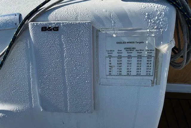 Eagles Wings Yacht Photos Pics Dew-covered B&G panel on 2003 Grand Soleil 44 sailboat with performance targets chart.