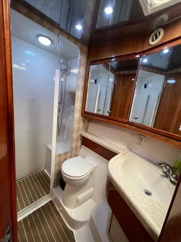  Yacht Photos Pics Bathroom interior of 2001 Bertram 39 Convertible yacht with shower, sink, and toilet.