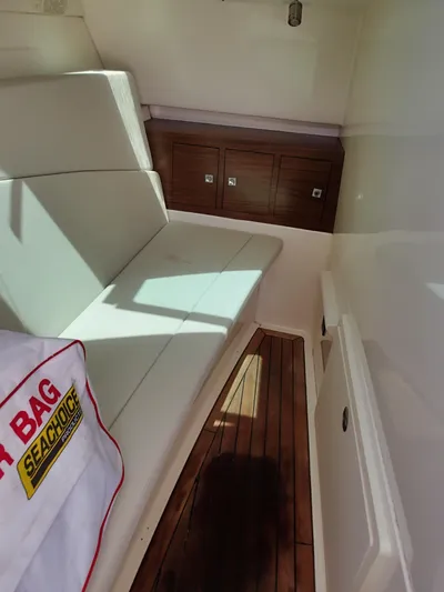 Born Free Yacht Photos Pics Interior of 2017 Boston Whaler 320 Vantage with seating and storage.