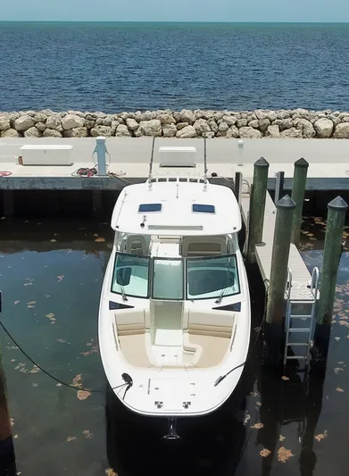 Born Free Yacht Photos Pics 2017 Boston Whaler 320 Vantage docked by the sea with clear skies.