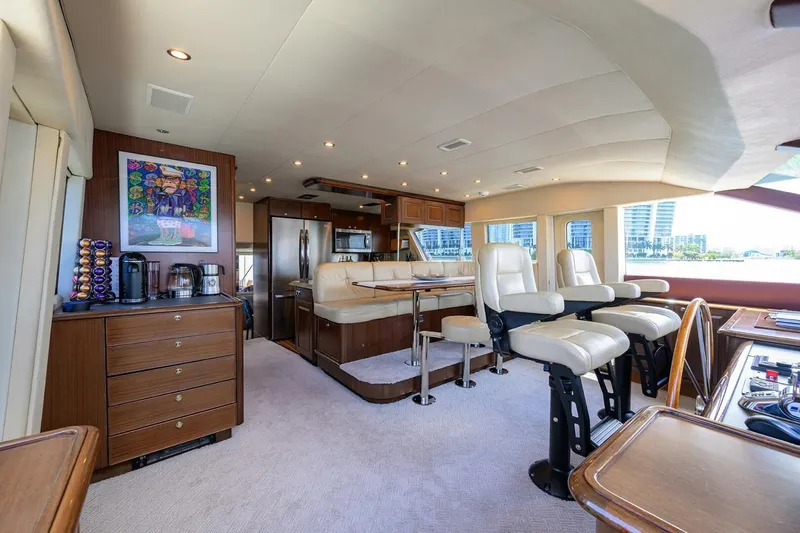 Jule Yacht Photos Pics Luxurious interior of a 2005 Pacific Mariner 85 yacht with modern amenities and elegant seating.