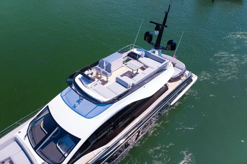 Second Chances Yacht Photos Pics 2024 Azimut S7 luxury yacht cruising on calm green waters.