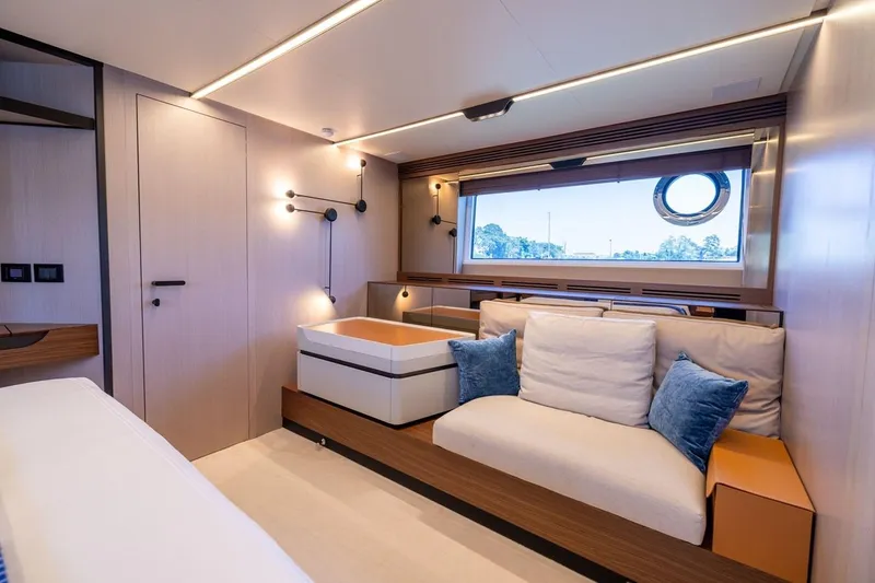 Second Chances Yacht Photos Pics Luxurious interior of 2024 Azimut S7 yacht with modern design and comfortable seating.