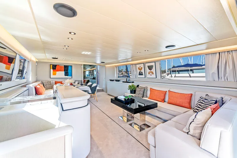  Yacht Photos Pics Luxurious interior of 1987 Versilcraft FALCON 82 yacht with modern decor and large windows.