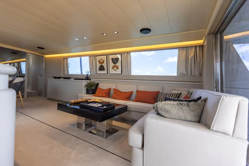  Yacht Photos Pics Luxurious Versilcraft Falcon 82 yacht interior, featuring elegant seating and modern decor, 1987 model.