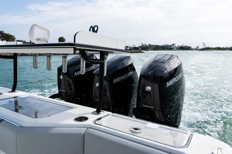  Yacht Photos Pics 2015 SeaVee 390Z boat with triple Mercury outboard engines on the water.