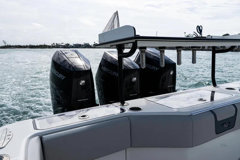 Yacht Photos Pics 2015 SeaVee 390Z boat with triple Mercury engines on the water.