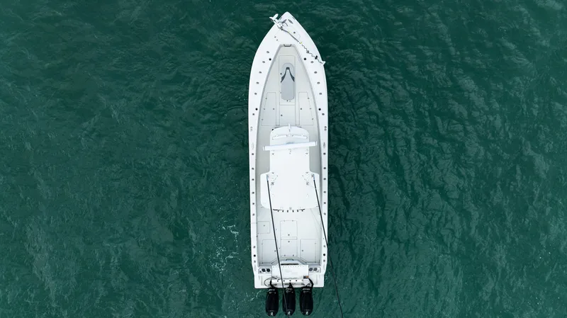  Yacht Photos Pics Aerial view of 2015 SeaVee 390Z boat on open water.