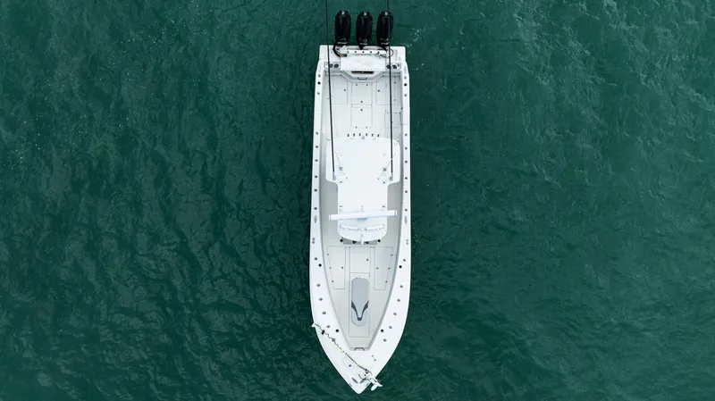  Yacht Photos Pics Aerial view of 2015 SeaVee 390Z boat on open water.