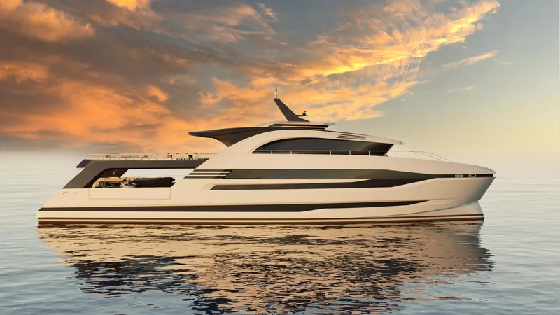  Yacht Photos Pics Luxury yacht Cantieri di Pisa Polaris 38, 2027 model, at sunset on calm waters.
