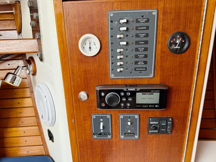 Easterly Yacht Photos Pics Control panel of a 2009 e Sailing Yachts e33, featuring switches and gauges.