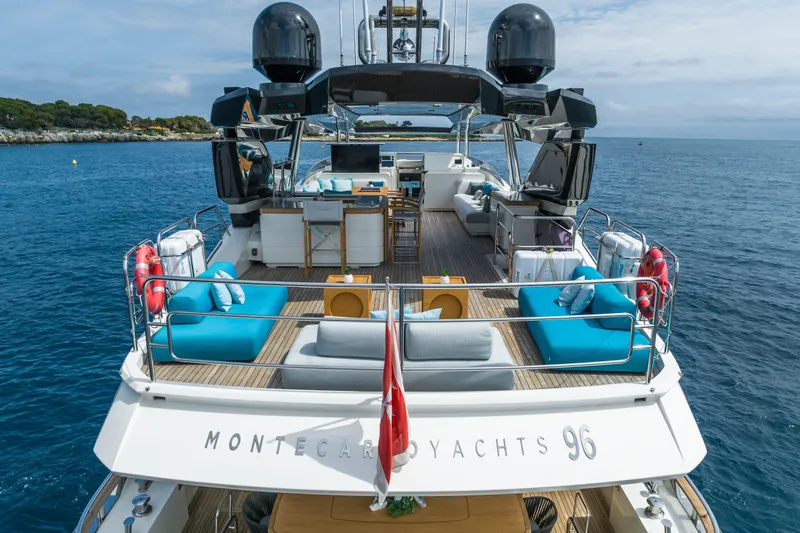 Rocco Yacht Photos Pics Luxury 2021 Monte Carlo Yachts MCY 96 with spacious deck and ocean view.