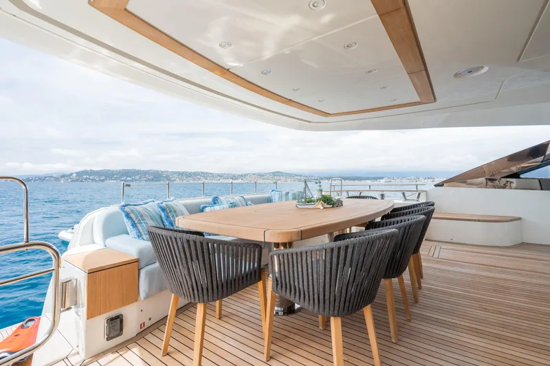 Rocco Yacht Photos Pics Spacious outdoor dining area on the 2021 Monte Carlo Yachts MCY 96, overlooking the ocean.