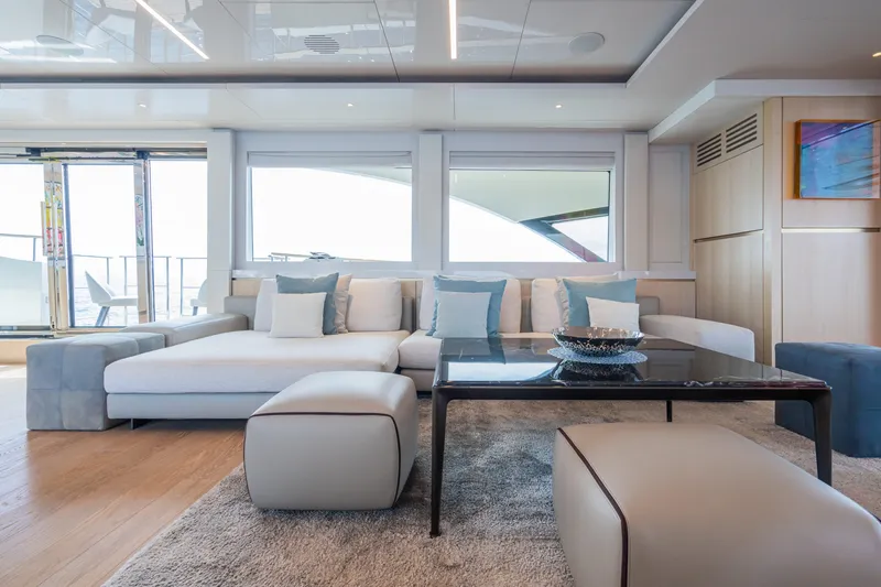 Rocco Yacht Photos Pics Luxurious interior of 2021 Monte Carlo Yachts MCY 96 with modern furnishings.