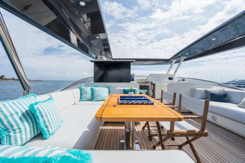 Rocco Yacht Photos Pics Luxurious deck of 2021 Monte Carlo Yachts MCY 96 with seating and table.