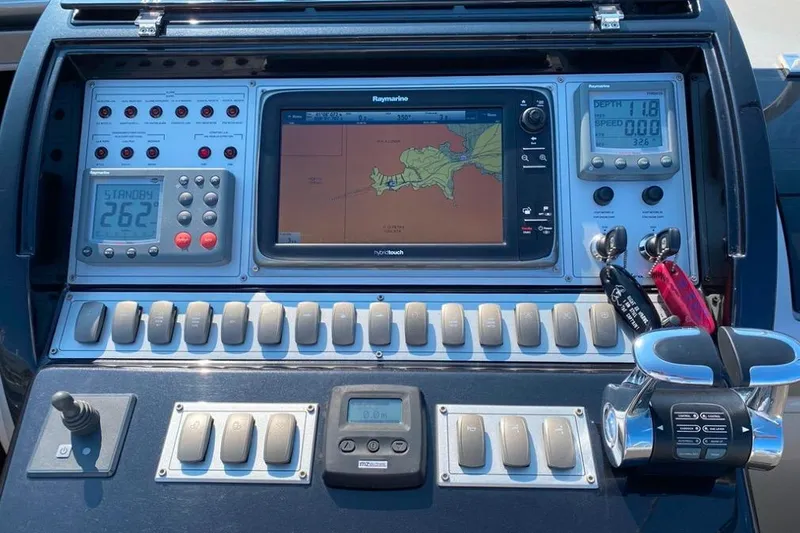  Yacht Photos Pics Control panel of 2008 Riva RivaRama 44 yacht with navigation and monitoring systems.