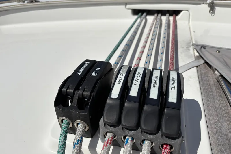  Yacht Photos Pics Close-up of Bavaria Vision 46 sailboat control lines and clutches, 2014 model.