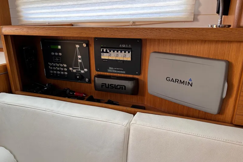  Yacht Photos Pics Control panel of 2014 Bavaria Vision 46 yacht with Garmin and Fusion systems.