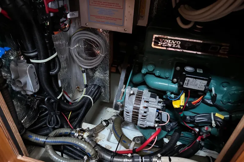  Yacht Photos Pics Engine room of 2014 Bavaria Vision 46 sailboat with Volvo Penta engine and wiring.