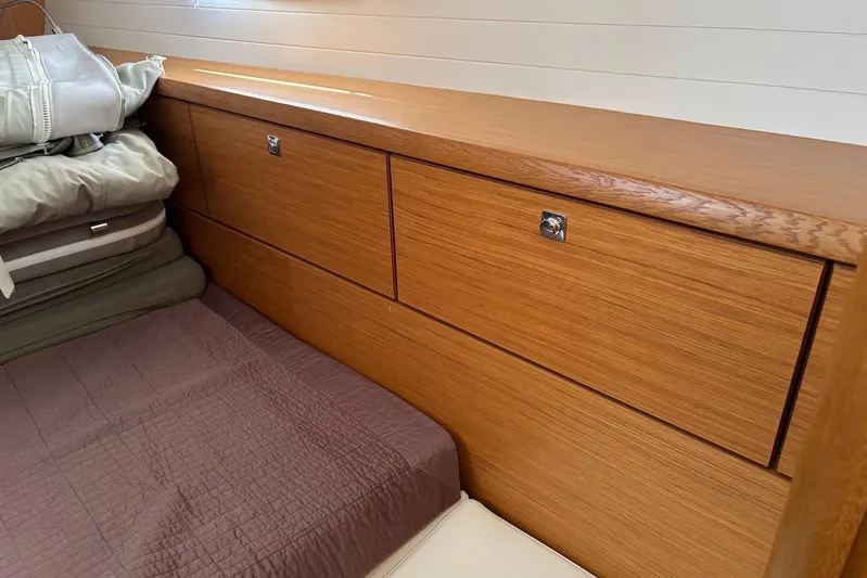  Yacht Photos Pics Wooden interior drawers in a 2014 Bavaria Vision 46 yacht cabin.