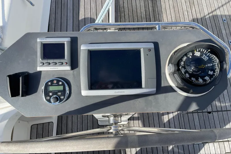  Yacht Photos Pics Bavaria Vision 46 yacht helm with Garmin navigation and compass, 2014 model.