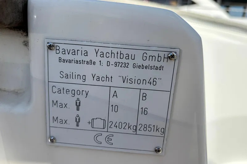  Yacht Photos Pics Plaque of 2014 Bavaria Vision 46 sailing yacht with capacity details.