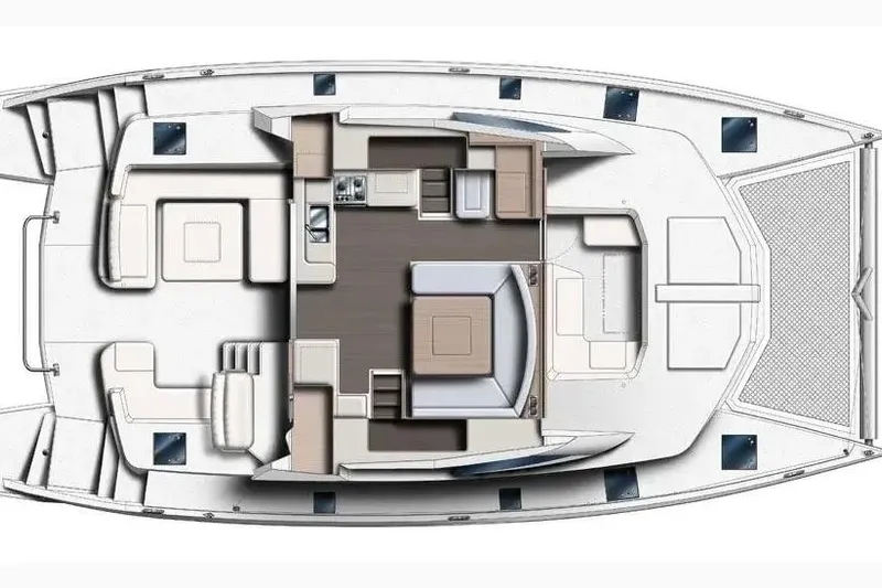 Zumbrota Yacht Photos Pics Floor plan of a 2014 Leopard 48 catamaran, showcasing interior layout and design.