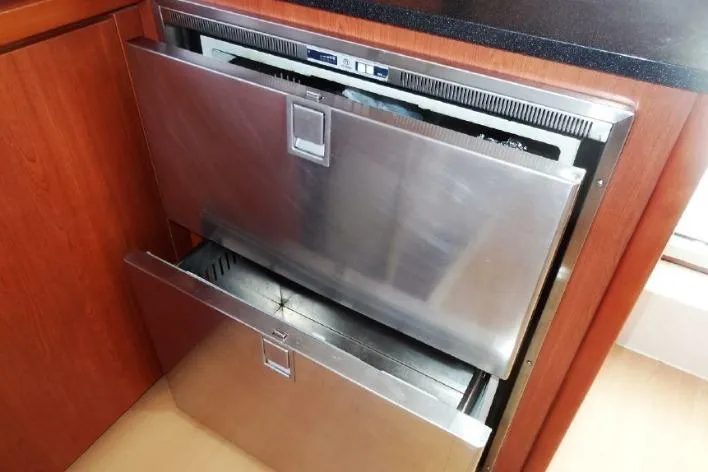 Zumbrota Yacht Photos Pics Stainless steel double drawer refrigerator in 2014 Leopard 48 yacht kitchen.