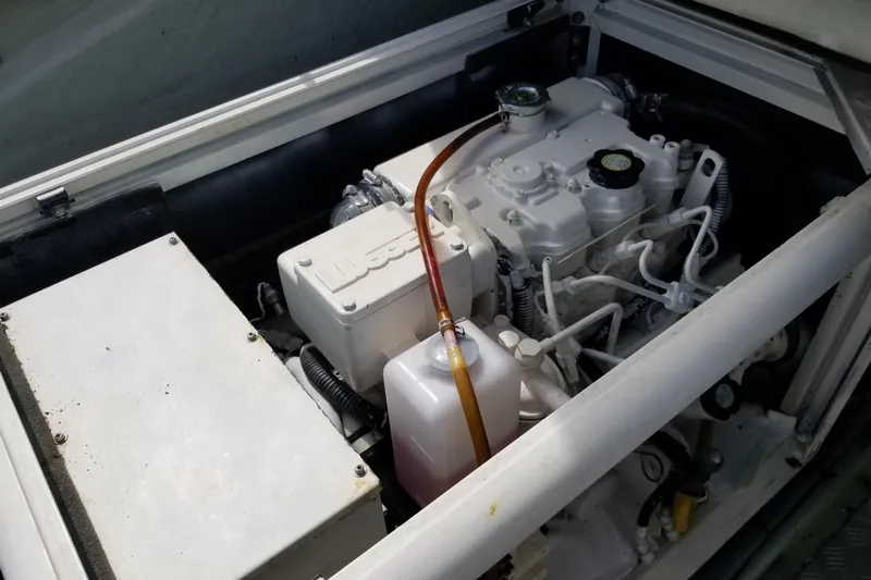 Zumbrota Yacht Photos Pics Engine compartment of a 2014 Leopard 48 yacht, showcasing mechanical components.